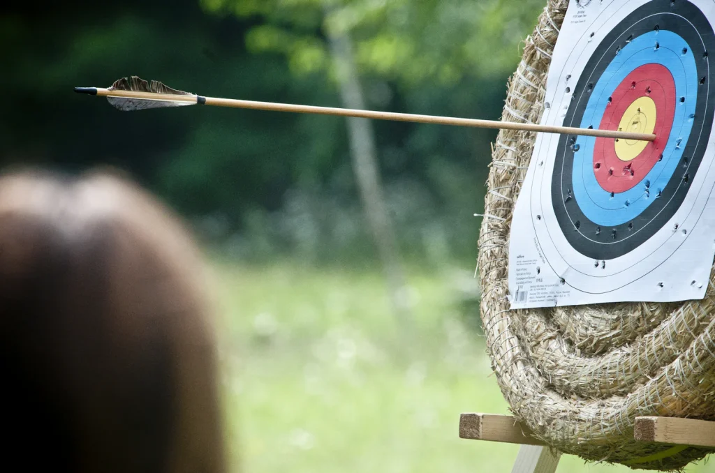 Arrow striking a straw archery target, with the archer blurred in the foreground
