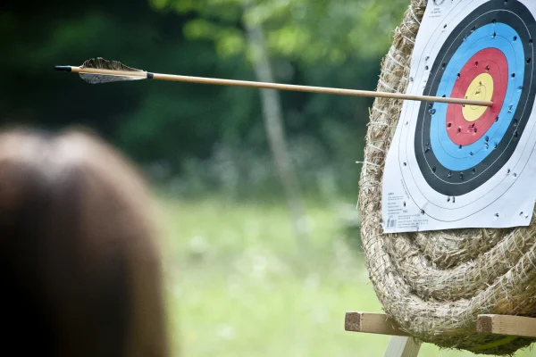 Arrow striking a straw archery target, with the archer blurred in the foreground