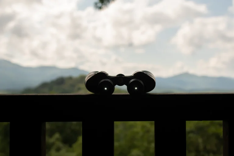 Binoculars resting on a railing with hills in the distance