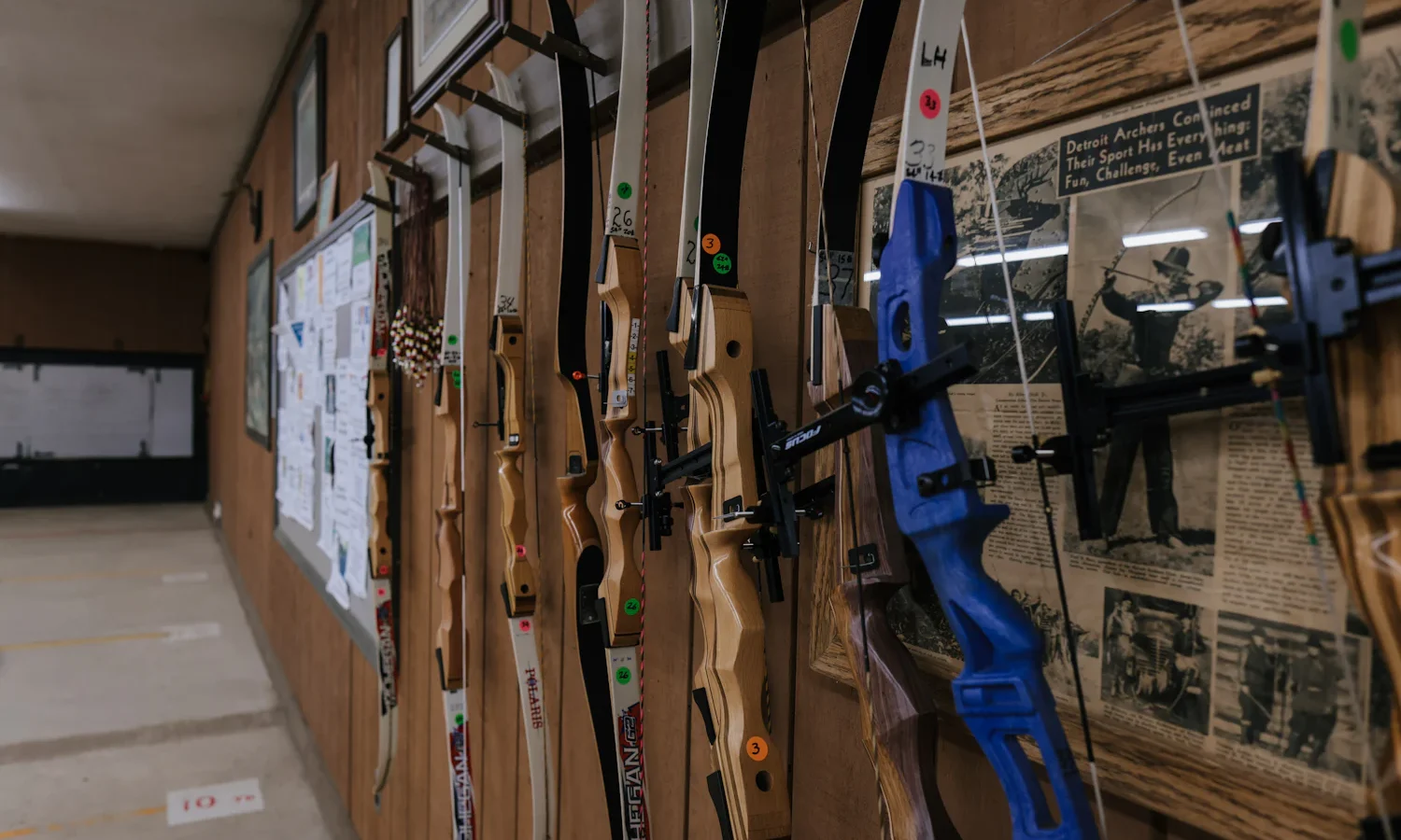 Recurve bows hanging on a wall rack at an indoor archery range