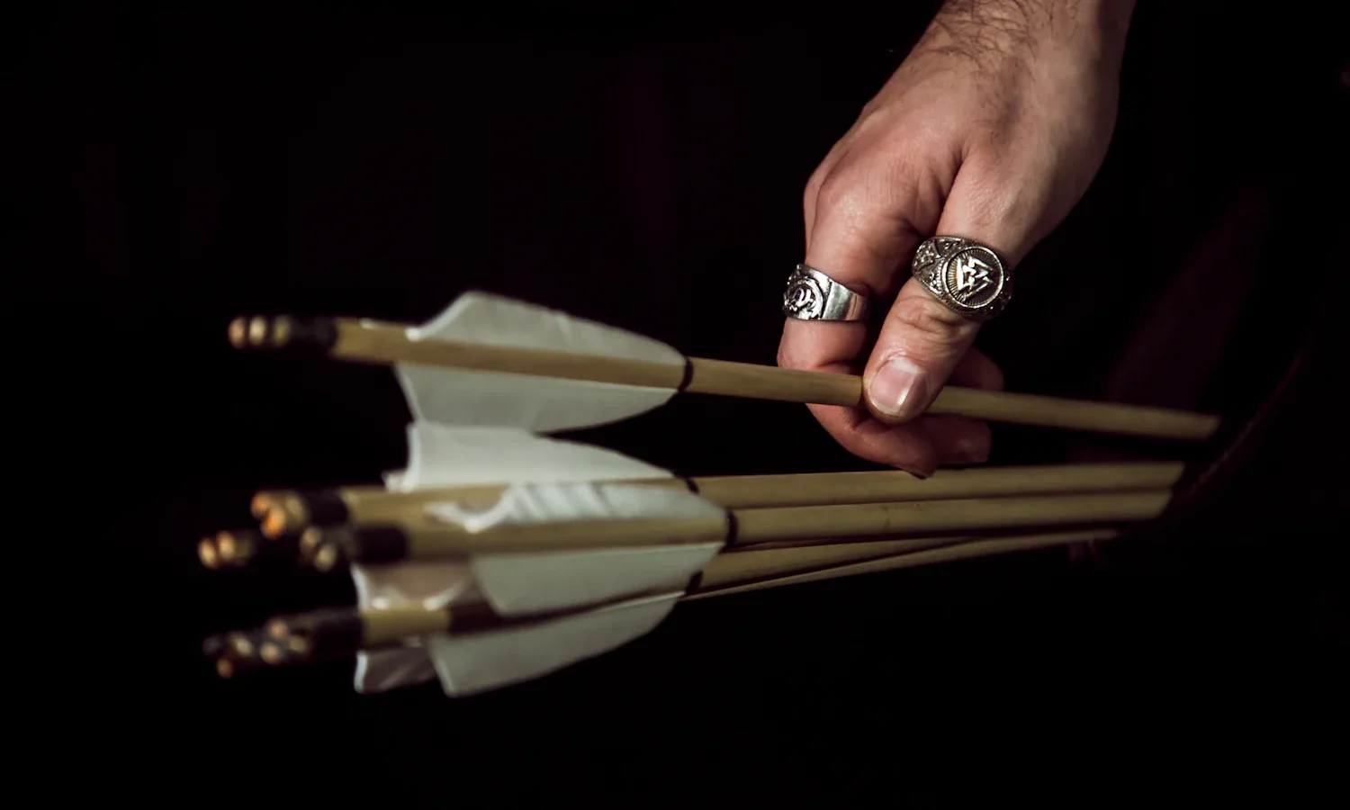 Hand holding arrows with white feather fletching against a dark background