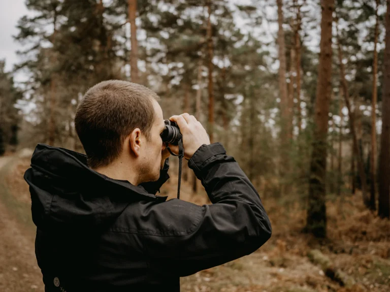 Man in a pine forest looking through binoculars
