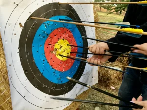 Archer pulling a group of arrows from the centre of an archery target