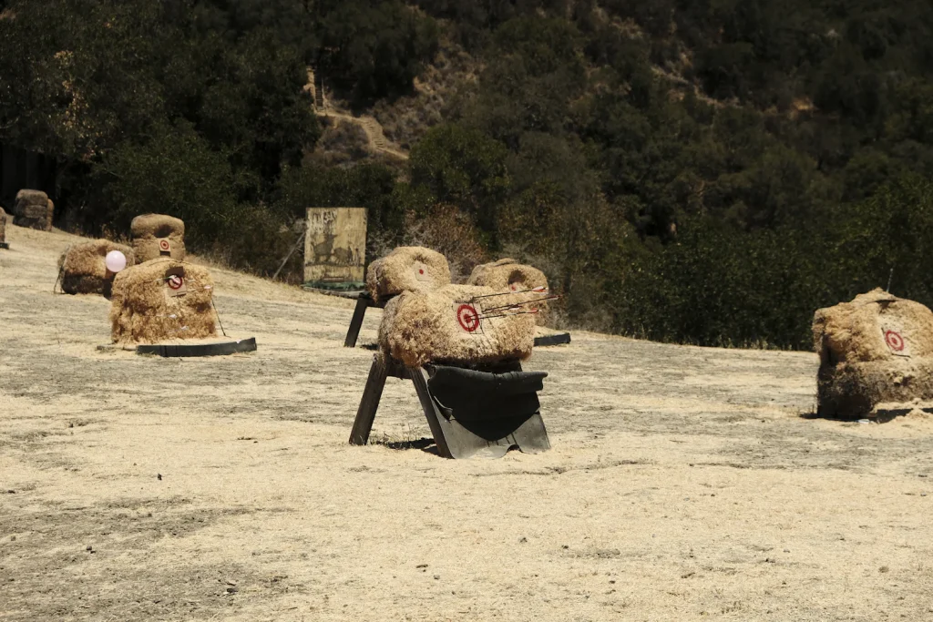 Straw animal-shaped archery targets set out on a sandy range