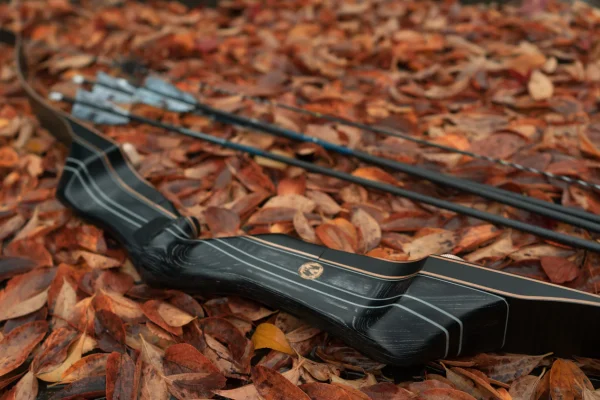 Takedown recurve bow and arrows lying on fallen autumn leaves