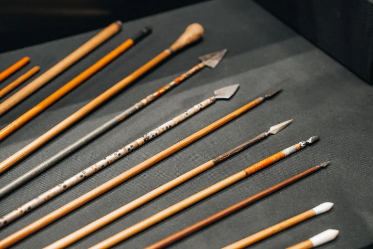 Wooden arrows with assorted metal points laid out on a dark table