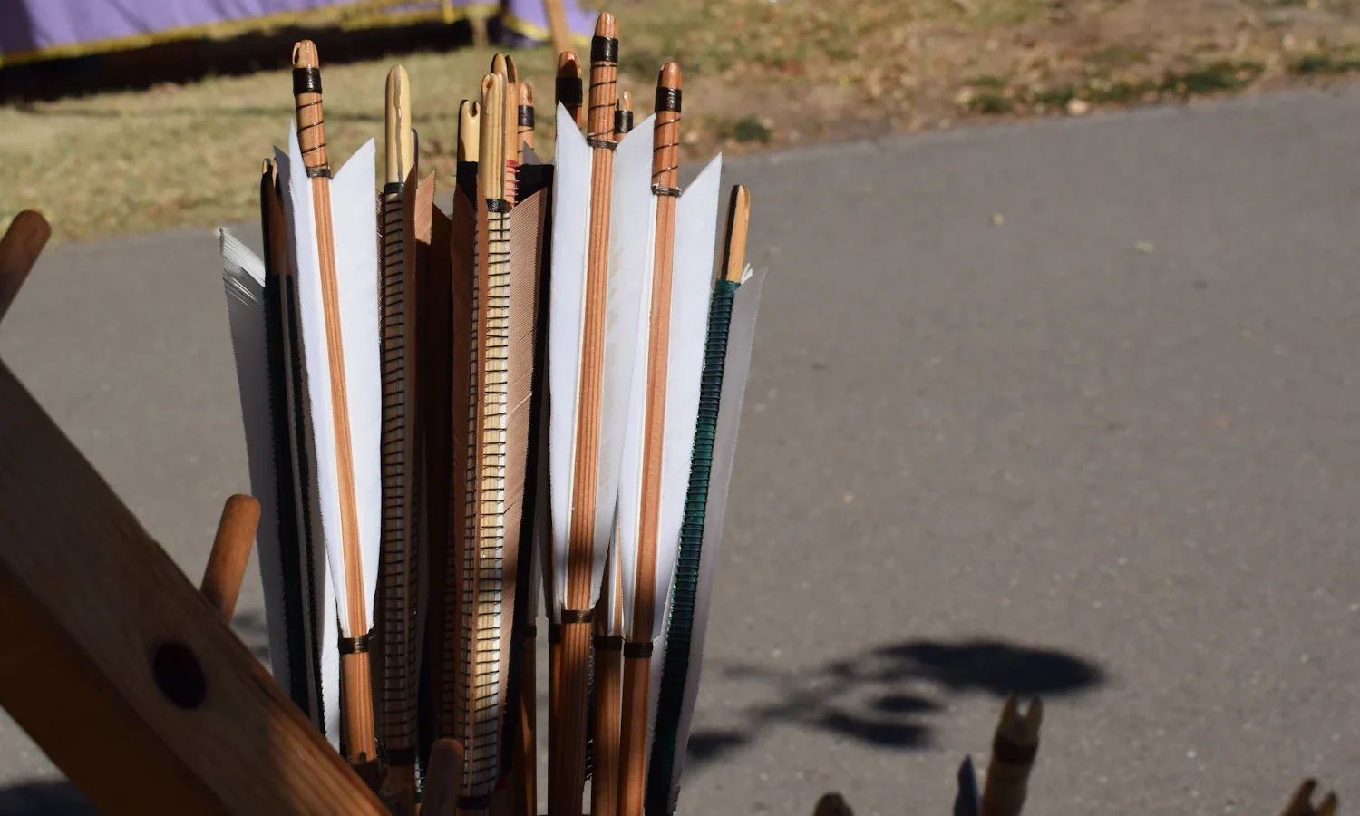 Wooden arrows with feather fletching standing in a quiver